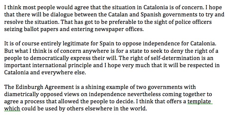 Nicola Sturgeon has backed the right of Catalonia to hold an independence referendum, saying she's concerned by events there.