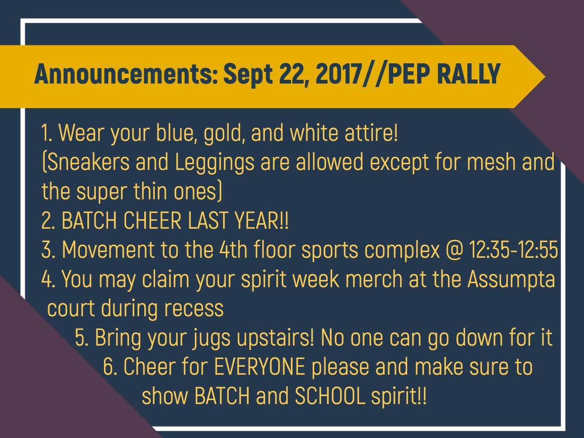 ACBATCH2020's tweet photo. HELLO!! PEP RALLY ANNOUNCEMENTS WOO GO AC AND GRADE 10 (ALSO 7 8 9 11 AND 12) 😩💯💙💛💜🙌🏻 https://t.co/3iG5ZuRLWm