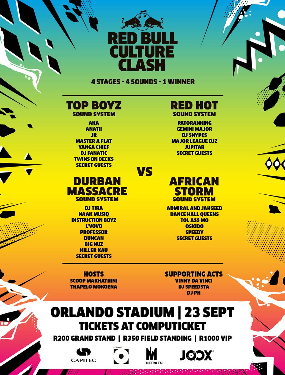 .#RT #RedBullCultureClash: <a href="/akaworldwide/">AKA</a> vs <a href="/africanstorm96/">african storm</a> vs 
<a href="/DJTira/">Makoya Bearings</a> vs <a href="/patorankingfire/">PATORANKING</a> <a href="/RedBullZA/">Red Bull South Africa 🇿🇦</a> redbull.com/za-en/events/R…