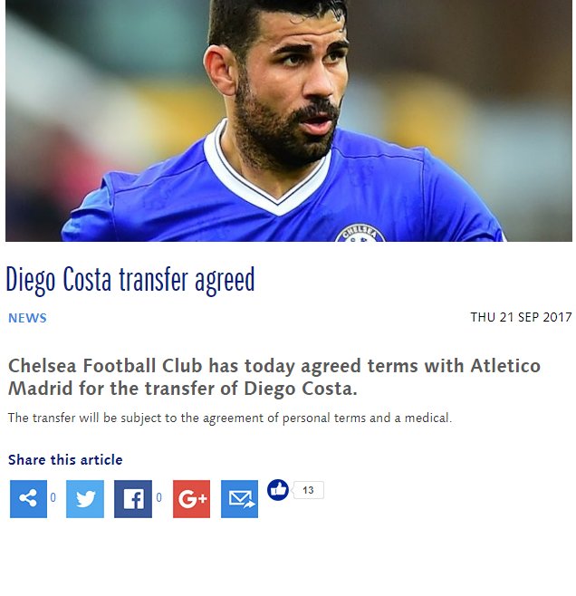 paddypower's tweet photo. Lovely tribute from the Chelsea website about the departing Diego Costa. https://t.co/L6vK1lmDMw