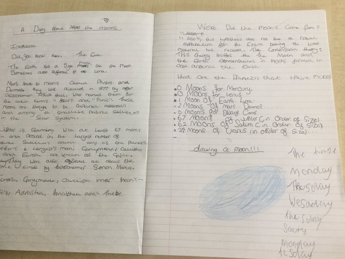 #year5 were asked to keep a moon diary for our 'space explorers' project- Tyler's homework was amazing! #space #impressive #welldone