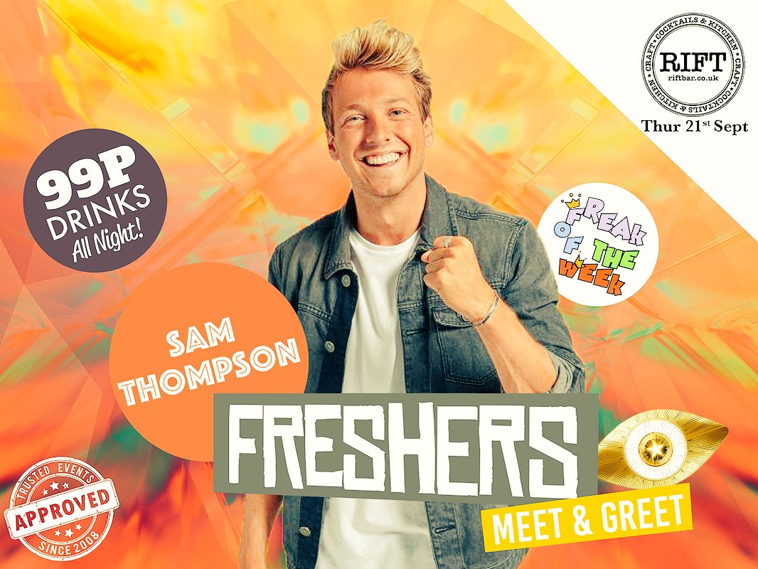 FutureUniEvents's tweet photo. Freak of the week @RiftCoPreston with Sam Thomson &amp; 99p Drinks all night 😬😬💥💥🍻🍻🍺#Preston #Uclan #UCLanFreshers https://t.co/r9zwZWgKzD