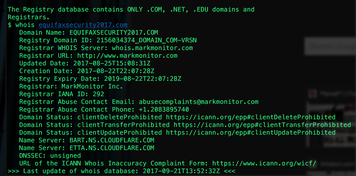 Sean_Davis's tweet image. Why would equifax use 2 different registrars for their own sites? #SuperConfusing