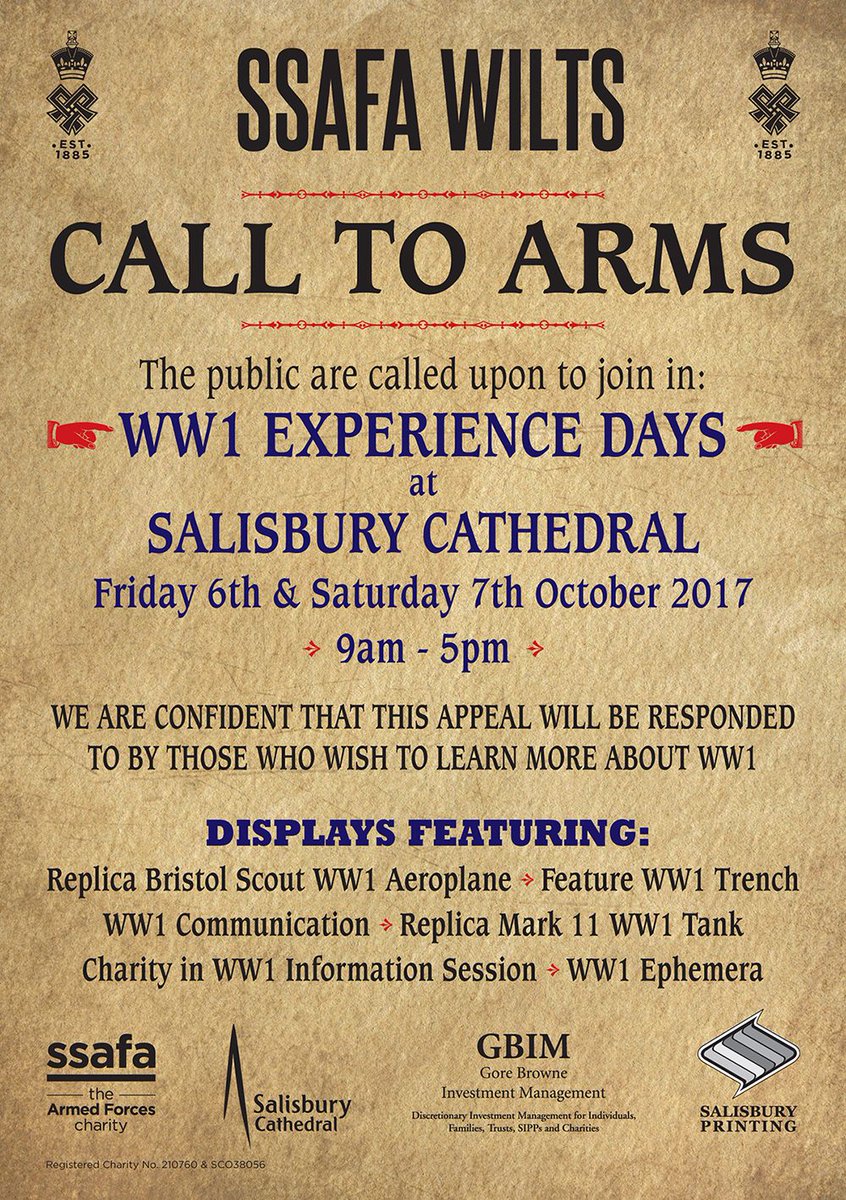Join <a href="/SsafaWiltshire/">SSAFA Wiltshire</a> at <a href="/SalisburyCath/">Salisbury Cathedral</a> 6 - 7 October for their #WW1 experience day - see a replica WW1 aeroplane, a tank and a trench!