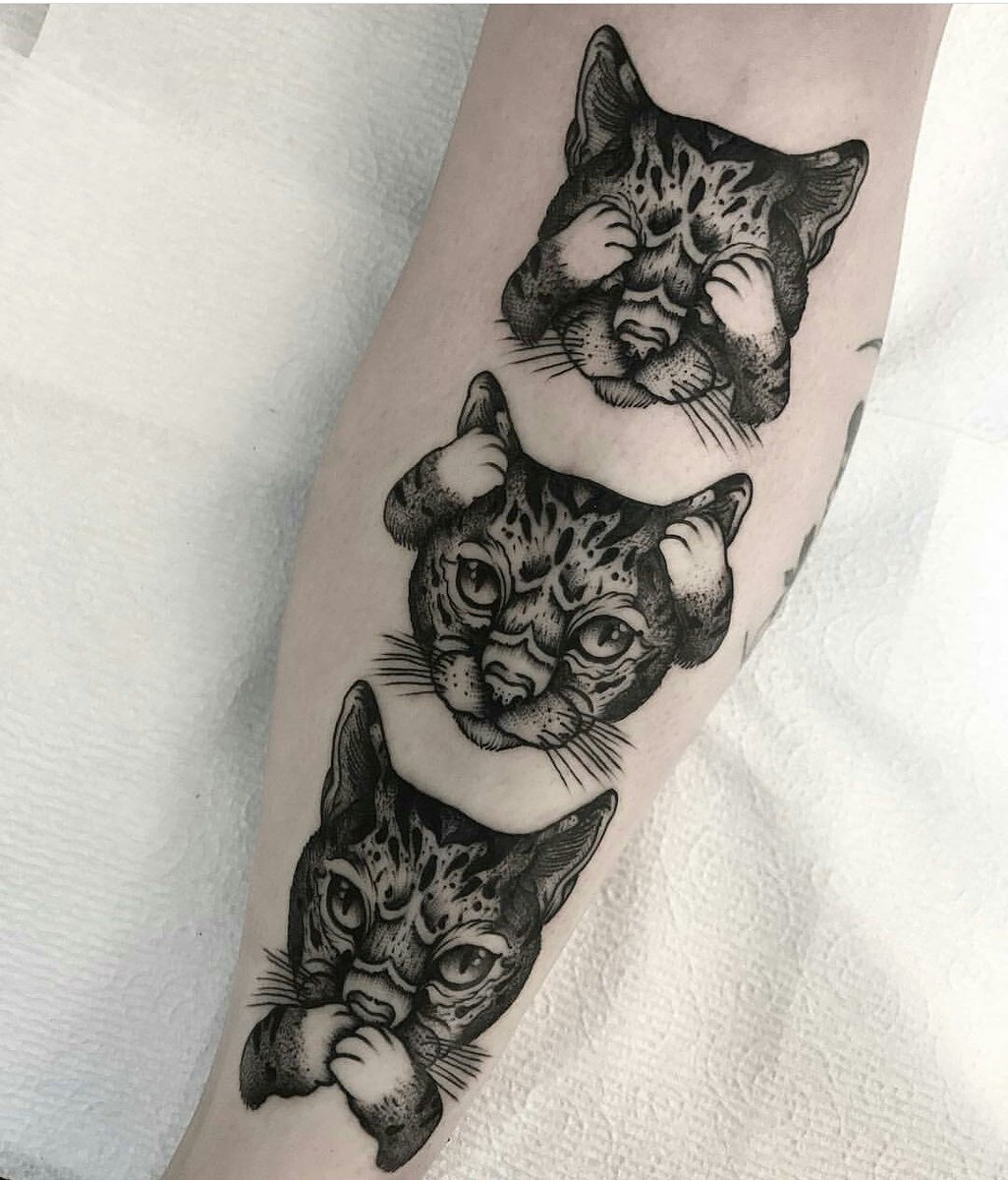 Evil Blue Cat Tattoo On Left Half Sleeve