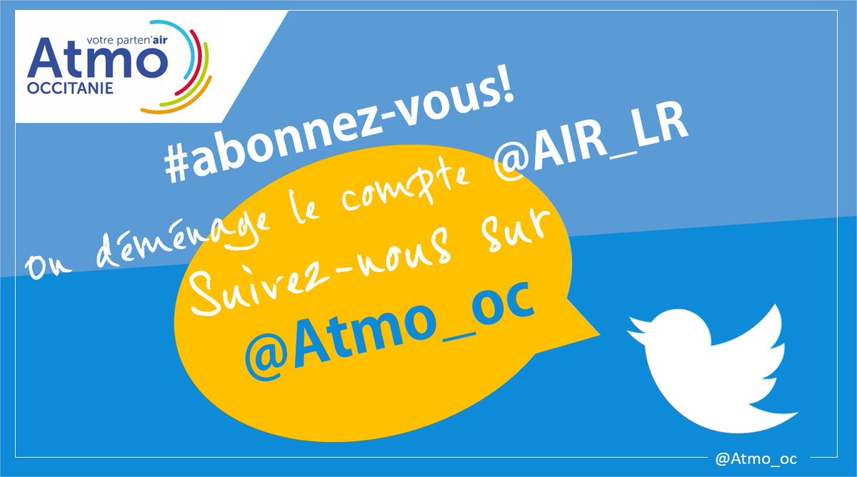 AIR_LR's tweet image. @AIR_LR déménage ! suivez-nous dès aujourd'hui sur @Atmo_oc pour suivre toutes les infos d'Atmo OCCITANIE sur la qualité de l'air.