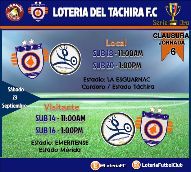 #SerieOro 🏆 Sábado 23 Septiembre por la 6ta Jornada #Clausura Lotería del Táchira 🆚<a href="/AcEmFC/">Academia Emeritense 🇺🇦</a> 
Sub14 y Sub16 📌Mérida🚌
Sub18 y Sub20 📌Cordero🏟️