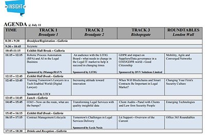 The grid is up! See what sessions are planned for #ILTA #INSIGHT 2017. Topics include #AI, #GDPR, #O365 &amp; more! ow.ly/Am0Z30fgQ3N