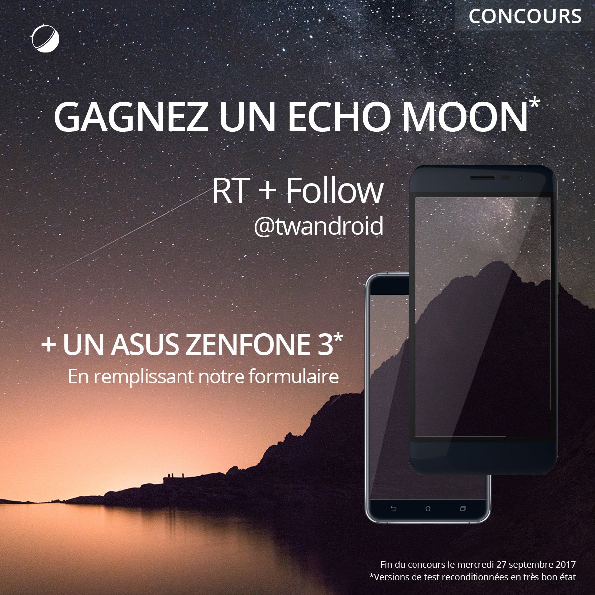 Frandroid's tweet photo. 🎁 #Concours! 🎁
2 smartphones à gagner!
RT + Follow pour un #EchoMoon
Et ici un formulaire pour l'#AsusZenfone3 👉 https://t.co/7Ll5gKoJgl https://t.co/Ob7RM41Ygw