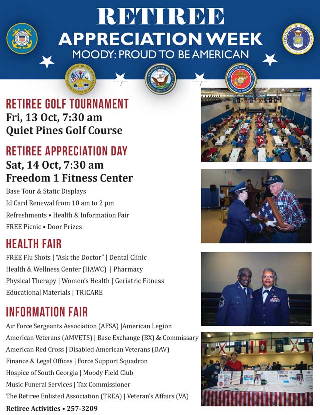 MoodyAFB_FSS's tweet photo. Celebrate the upcoming Retiree Appreciation Week with us at the Retiree Golf Tournament followed by Retiree Appreciation Day on Sat, 14 Oct. https://t.co/QSzjSIiIVu