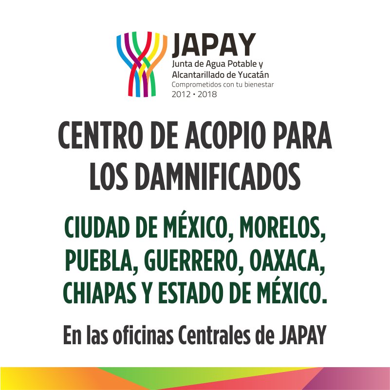 JAPAYOficial's tweet photo. Unamos fuerzas y apoyemos a todas las familias afectadas por el sismo, pueden traer sus donaciones de 8 am a 6pm  #FuerzaMéxico #MéxicoUnido https://t.co/zWri8PDGR4