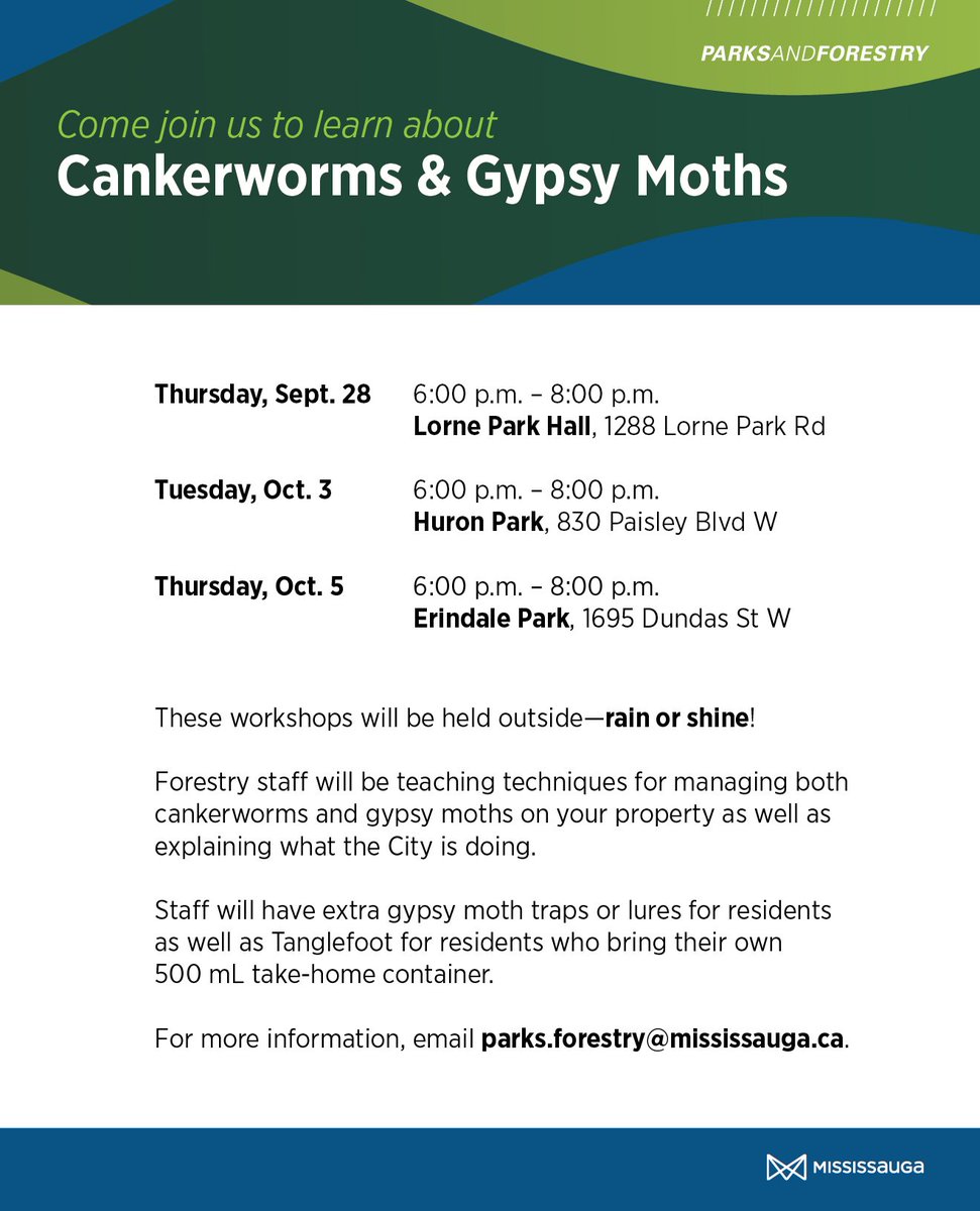Join us on Sept 28  at the Lorne Park Hall for a workshop on Cankerworms &amp; Gypsy Moths #forestry <a href="/MississaugaPF/">Mississauga Parks & Forestry</a> <a href="/JimTovey/">JimTovey</a>