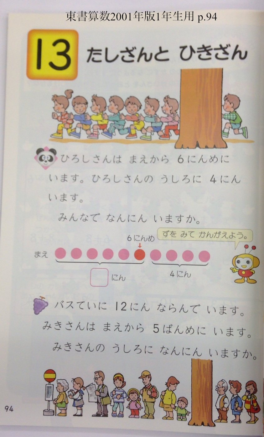 天むす名古屋 Temmus 𓃠 超算数 掛算 また教科書 で列の足算を挿絵とともに指導するスタイルは近年はじまったことではない 01年の東京書籍算数教科書1年生用を参照 これは前回の学習指導要領の時代の指導だ T Co Hjcywzlj1b Twitter