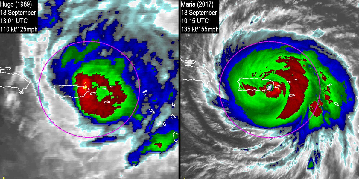 John_Knaff's tweet photo. Here is a IR image comparison of #Maria (#GOES16) and #Hugo (#GOES07) as they made landfall in  #PuertoRico. @EricBlake12 @NOAASatellites https://t.co/iqyFdDdU68