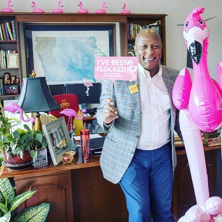 isualum's tweet photo. We've started raising annual funds for @unitedwaystoryco by #flamingoflocking our fearless leader's office! #liveu… https://t.co/boR0m6zKjF https://t.co/fratHSI8En