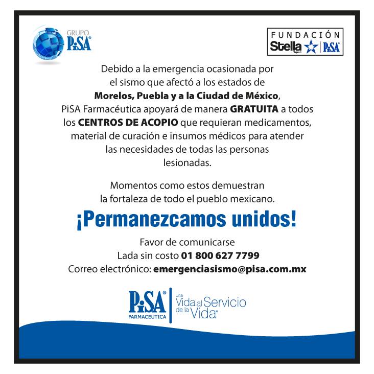 Grupo_Pisa's tweet photo. En #PiSAFarmacéutica apoyamos a nuestros hermanos ¡Ayúdanos a difundir! #FuezaMéxico #UnidosSomosMás #PiSAayuda #OrgullosamentePiSA https://t.co/uqQ3oH0SS6