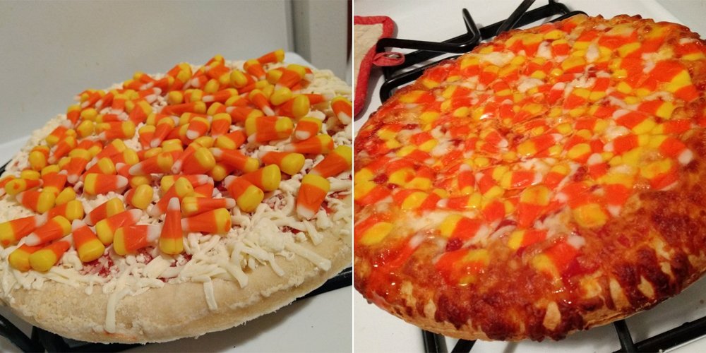 Delish's tweet photo. Someone Made a Candy Corn Pizza and the Internet Can't Deal With It https://t.co/mAfVgtbFvz https://t.co/ZtTnAC6qiI