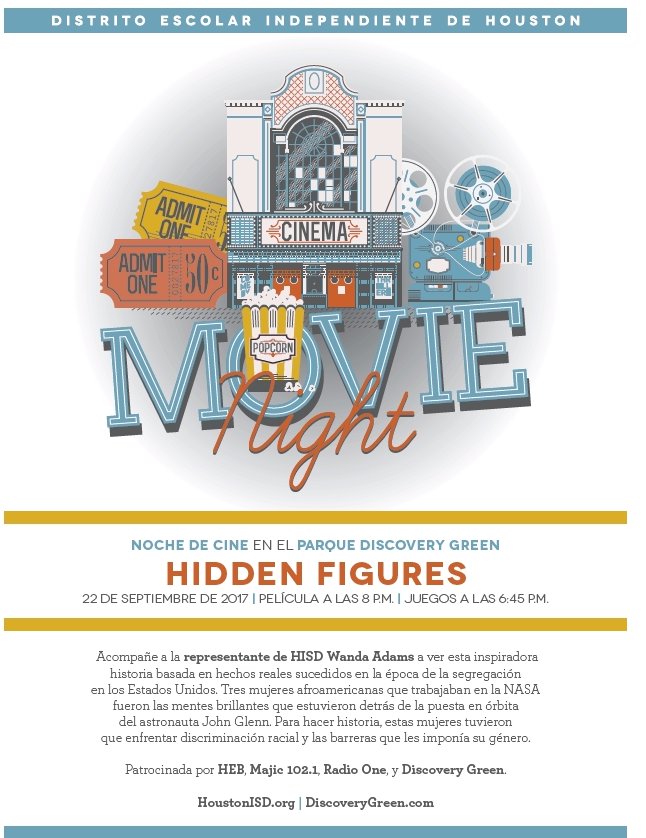 HISDFamilies's tweet photo. Haga una #citafamiliar mañana 9/22 en @DiscoveryGreen junto a @Wandaful1913 para ver la película @HiddenFigures. Acompáñenos desde las 6:45p https://t.co/BaR0oWwKQa