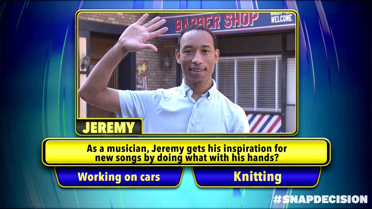 What gets Jeremy’s creative wheels turning?

A)Working on Cars
B)Knitting
#SnapDecision 

Watch next MON to see if you’ve got it right!