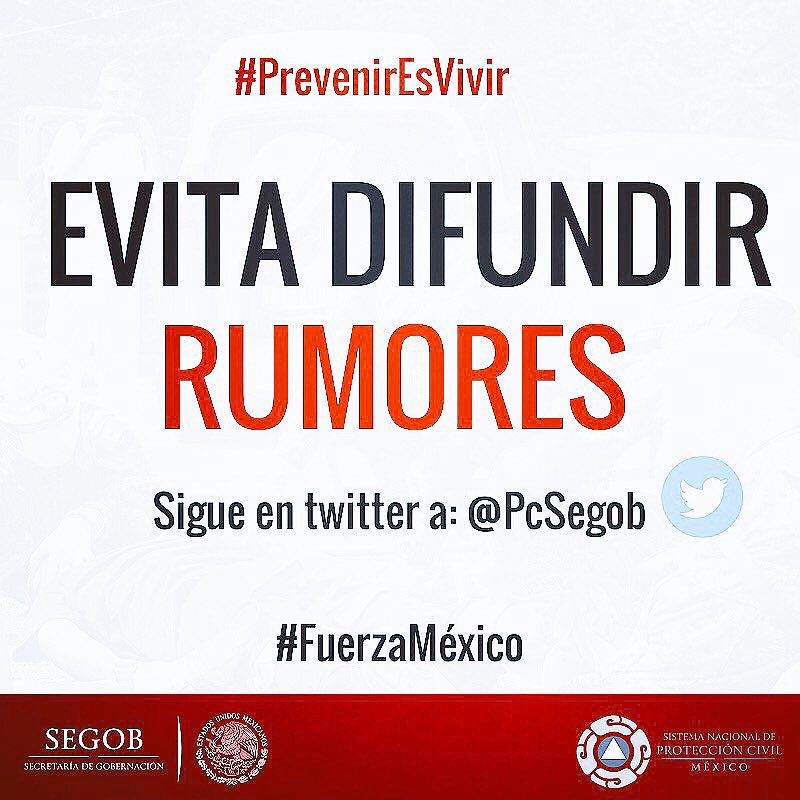 SEGOB_mx's tweet photo. 🔴 Verifica la información que compartes en redes sociales, evita🚫difundir RUMORES la información más puntual la encuentras en @PcSegob https://t.co/afYphWsqhV
