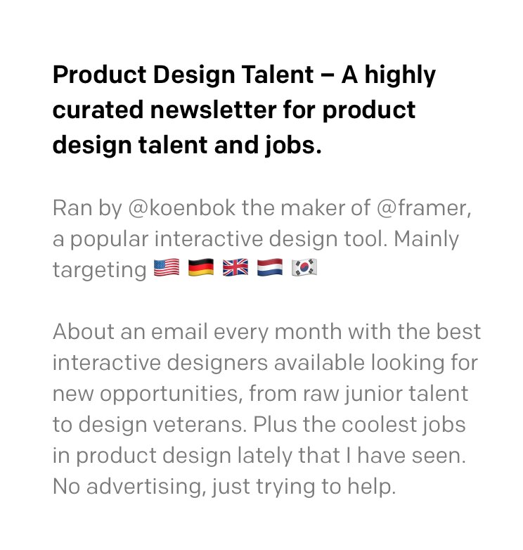 koenbok's tweet image. Looking for the best product designers? I started a highly curated product design talent newsletter: getrevue.co/profile/koen