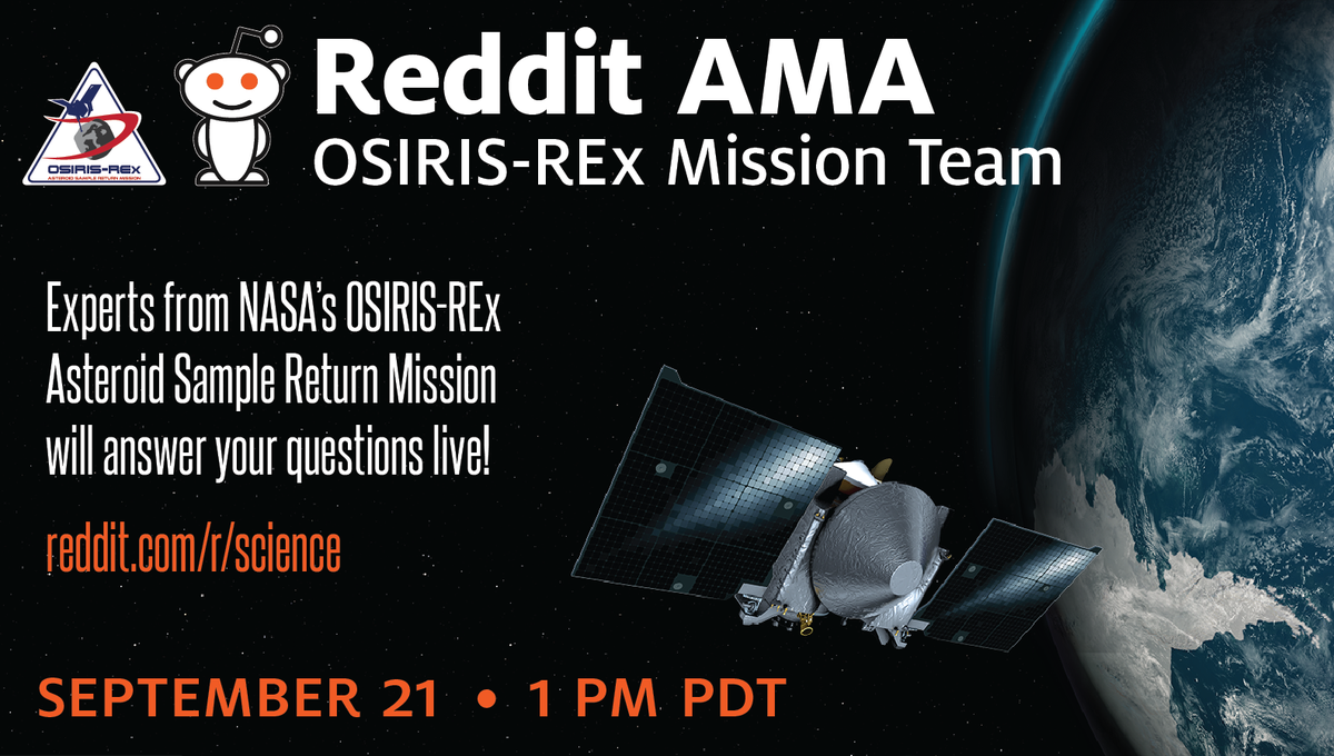 OSIRISREx's tweet photo. LIVE NOW: My team members are ready to answer questions about #EarthGravityAssist & my mission #ToBennuAndBack. https://t.co/cRUkzN0Bhm #AMA https://t.co/skbl2eZY9x