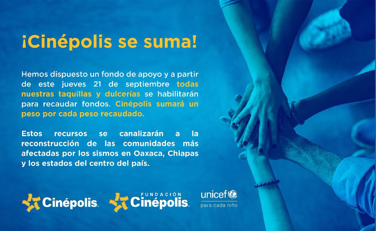 Alejandro_Ramz's tweet photo. En cualquier Cinépolis del país puedes hacer una aportación en apoyo a las victimas de los sismos. Cinépolis duplicará lo recaudado. https://t.co/9uewS0lWvM