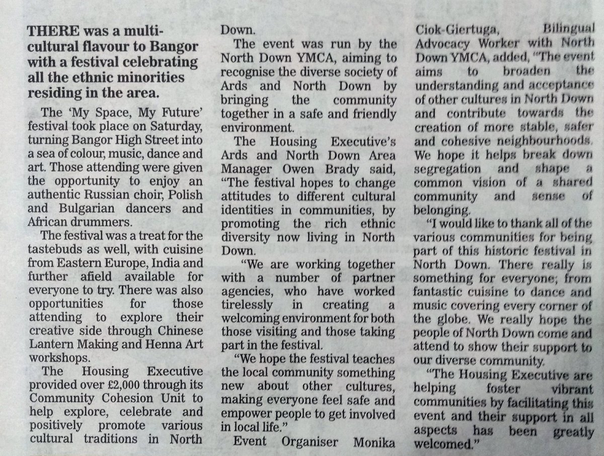 YMCANorthDown's tweet photo. Excellent coverage of Saturday's #MySpaceYourSpace multi-cultural event in today's @codownspectator #NoHateHere #crweek17 https://t.co/ymY5dTyipW