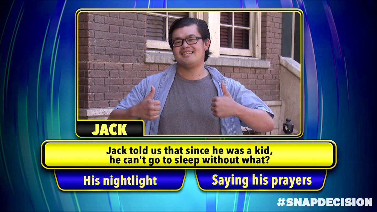 What can’t Jack sleep without?  😴

A)His nightlight
B)Saying his prayers

Watch next TONIGHT to see if you’ve got it right! #SnapDecision