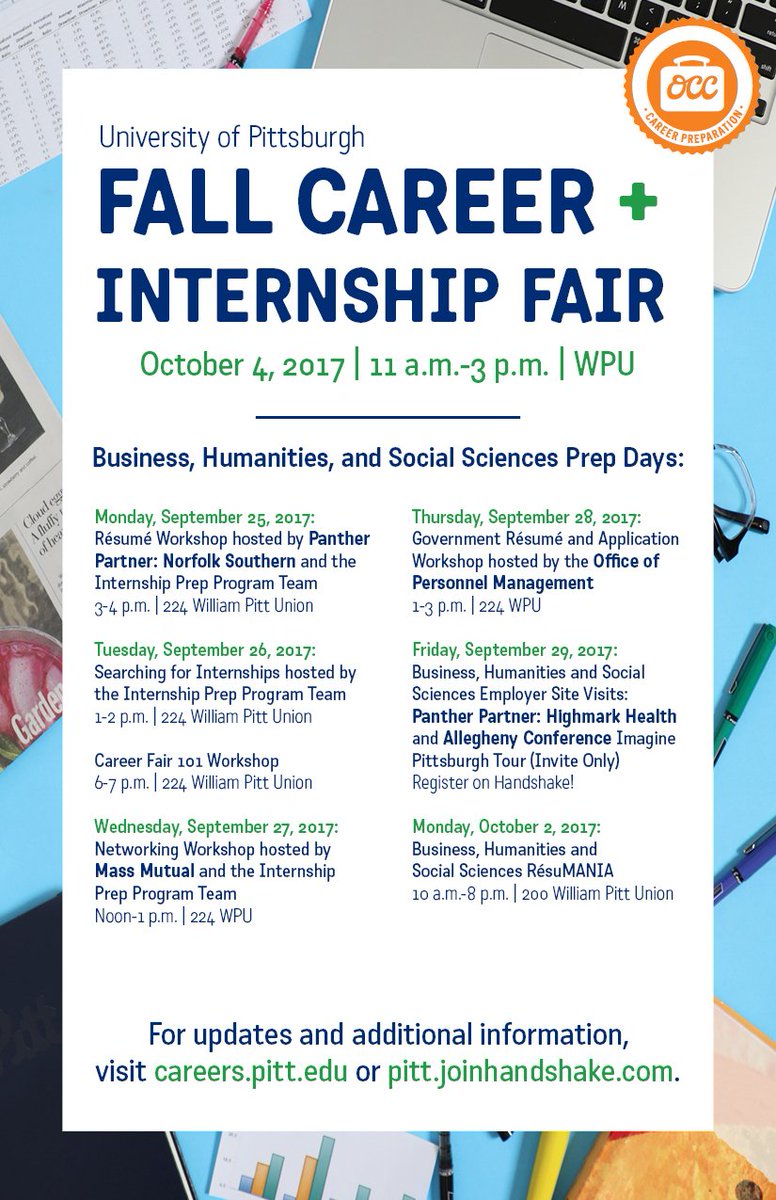 PittCareers's tweet image. Spend next week getting ready for the October 4 Fall Career + Internship Fair! We have plenty of workshops, résumé reviews, and site visits!