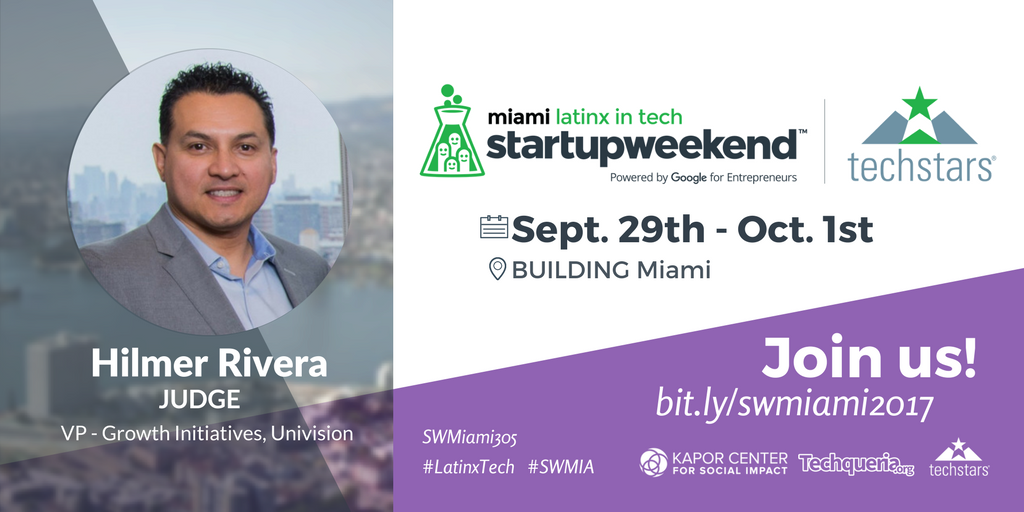 SWMiami305's tweet photo. Honored to have Hilmer Rivera, VP, Growth Initiatives @Univision be a judge for #SWMIA #latinxtech https://t.co/21xU8ocTYj #MiamiTech https://t.co/Dk7sEiyXYK