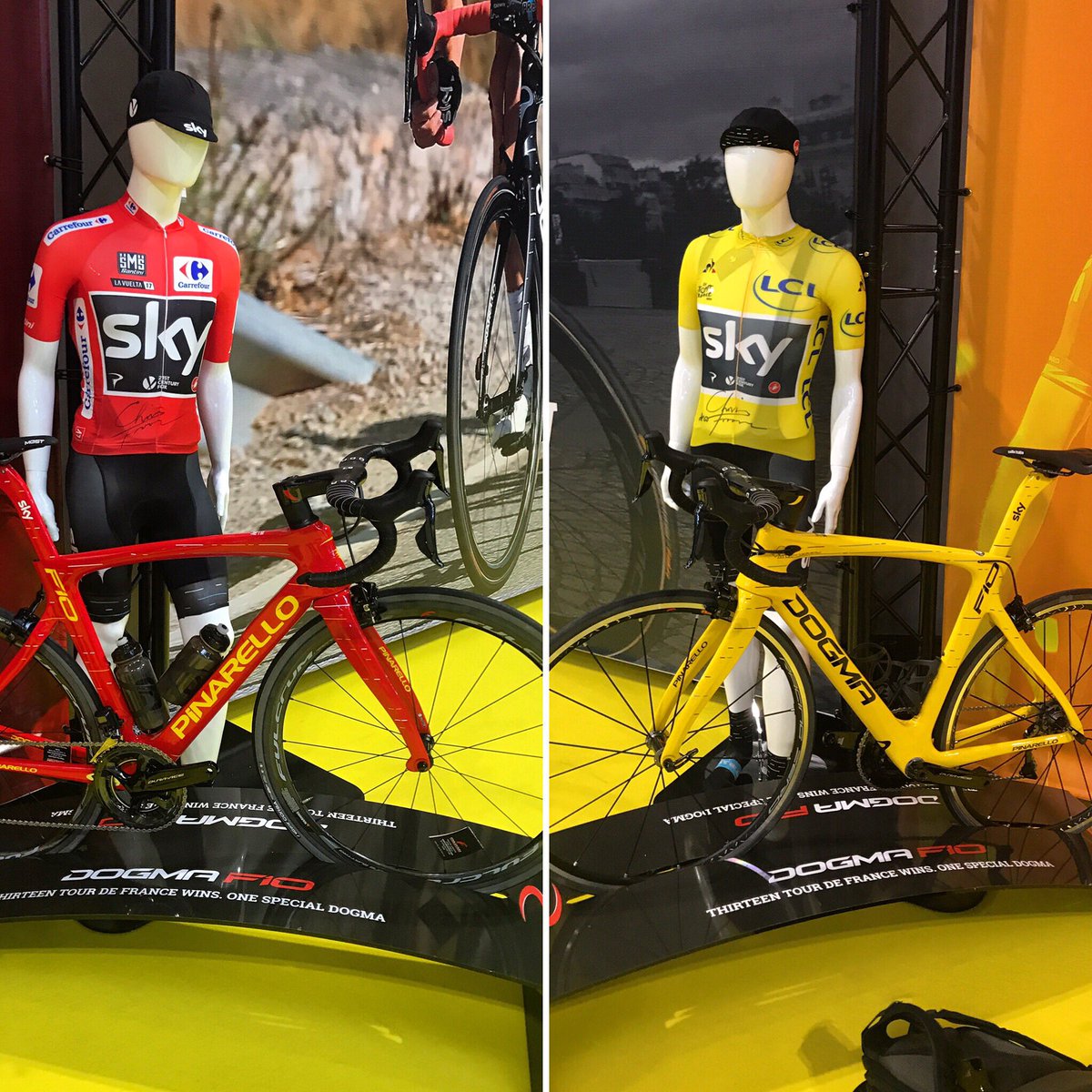 GarethDavies76's tweet photo. A couple of successful bikes curtesy of @chrisfroome on show at the @CycleShow today. #pinerello #cycling https://t.co/lq6Pf3PiIS