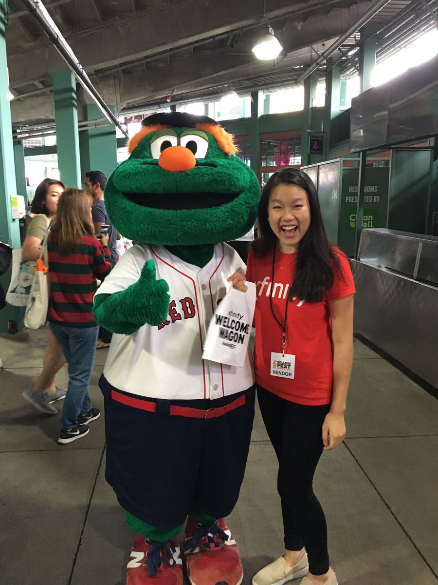 BGMexp's tweet photo. Celia was so excited to give Wally a Welcome Bag during her first ever trip to @fenwaypark! We can't wait for @CollegeFest on 9/30!!! https://t.co/h7QsZUUzD9