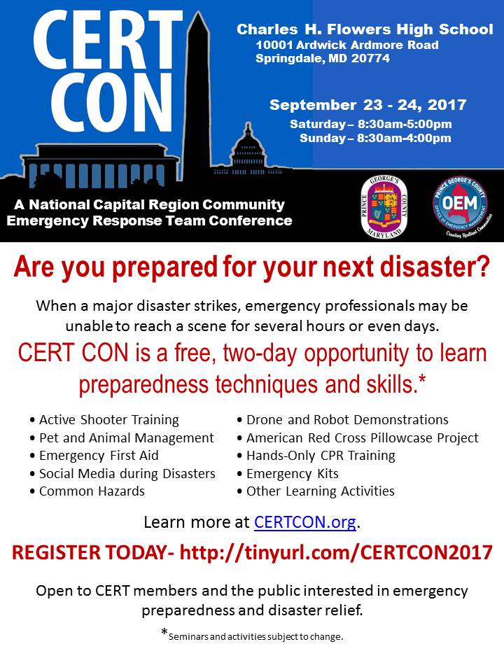 ServeDC's tweet photo. CERT Con Sept 23-24, 2017 #PlanAhead #NatlPrep #iServeDC #DCCERT https://t.co/ITyKG0HF2N https://t.co/6V3AcmRnC1