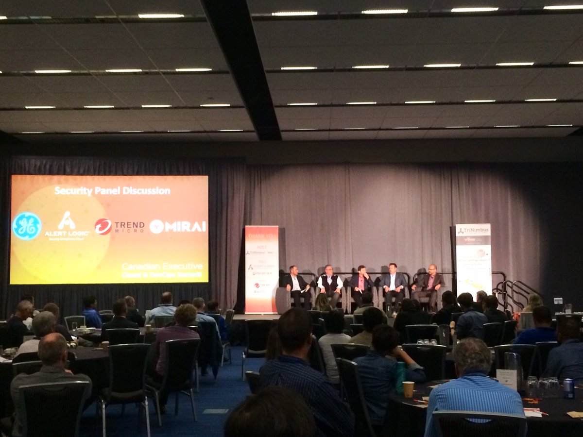 3Nimbus's tweet image. Security Experts take the main stage at #devopscloudsummit #Vancouver @alertlogic @GE_Digital @trendmicro #Miraisecurity