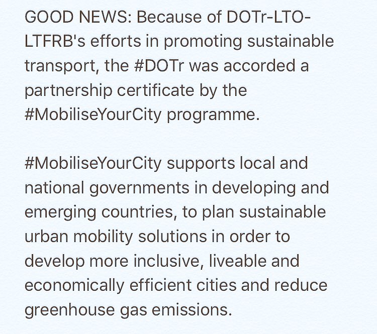 DOTrPH's tweet photo. GOOD NEWS: DOTr Usec for Road Thomas Orbos receives #MobiliseYourCity Partnership Certificate at #TCCWeek in Berlin. #DOTr🇵🇭👊❤️ https://t.co/7Jrvj4uWRi