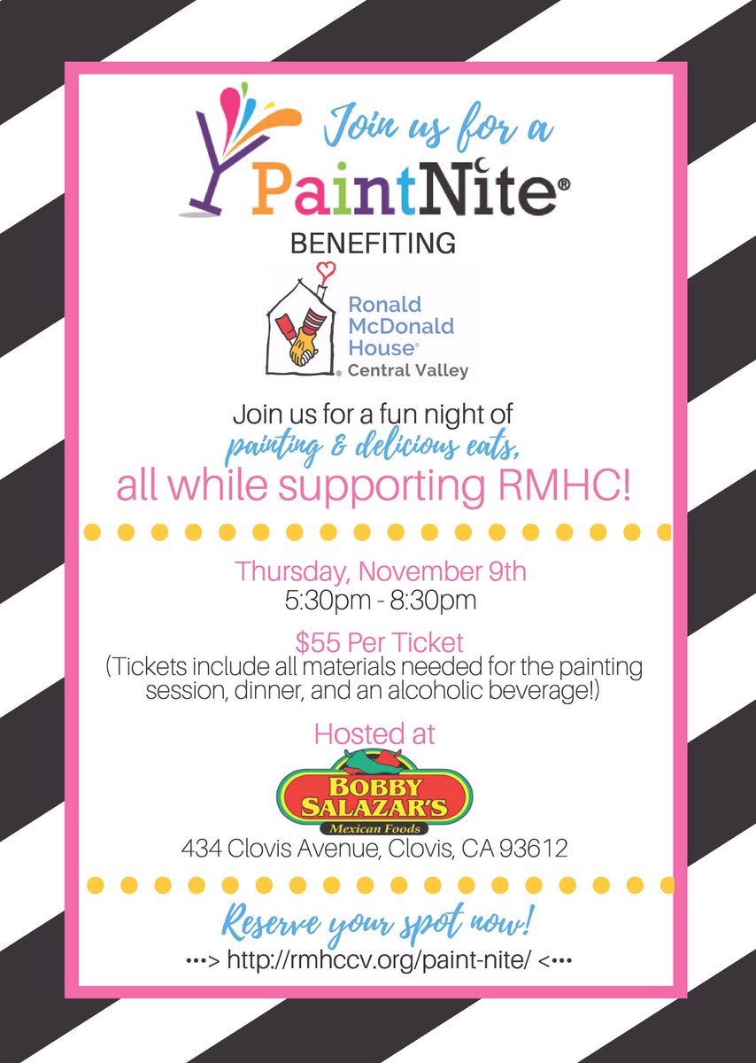 bobbysalazars_1's tweet photo. Bobby Salazar's @OldTownClovis &amp; @RMHCCenValley teaming up 4 a night of fun,food,drinks &amp;painting. All 2 benefit the Ronald McDonald House. https://t.co/Zeyy9gBs8t