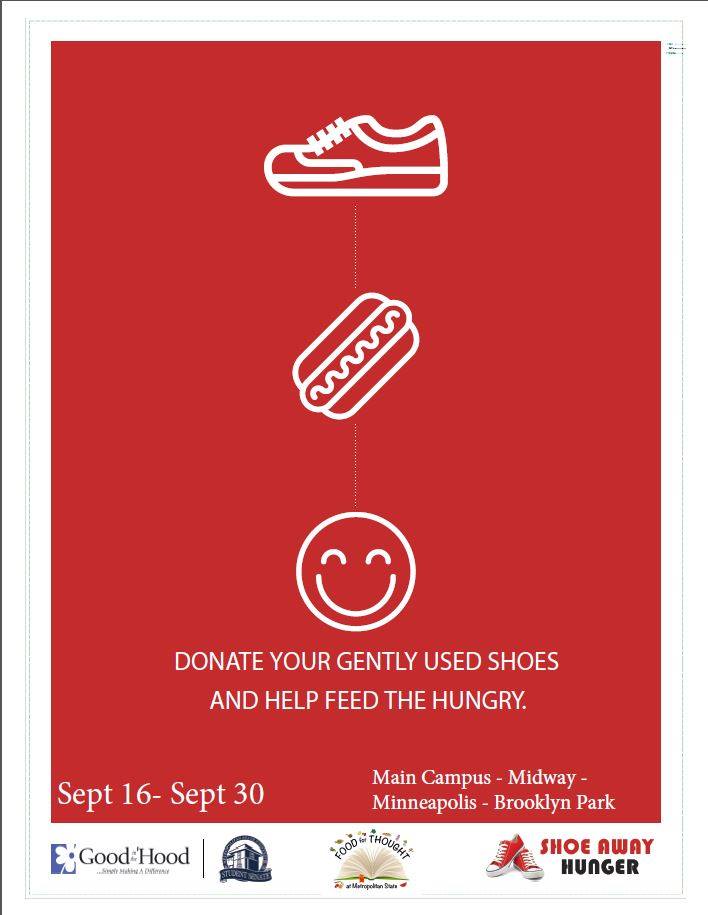MetroStateSen's tweet image. Donate your old shoes on all Metro campuses from Sept 16 to the 30 to support the food pantry on the St Paul Campus! @goodinthehoodMN