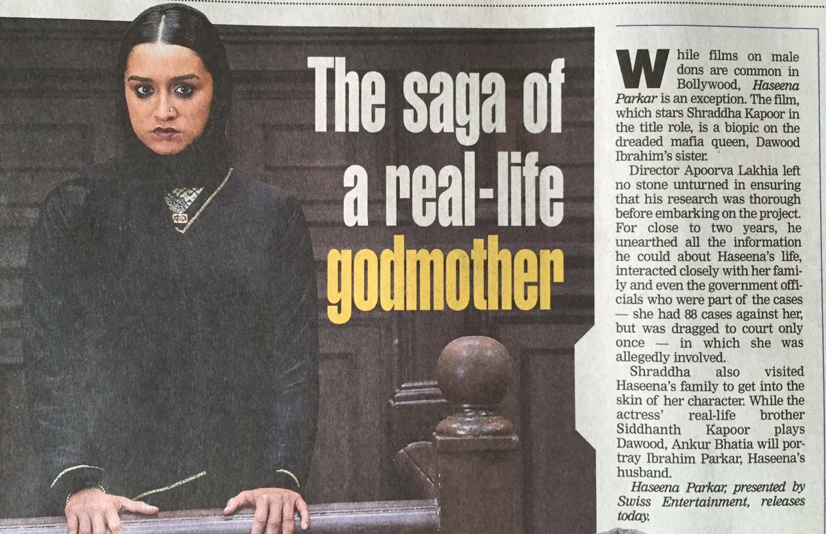 TheAnkurBhatia's tweet photo. The Saga called #HaseenaParkar releases today. Enjoy the Show @ShraddhaKapoor @ApoorvaLakhia @SiddhanthKapoor @haseenamovie @SWISSENTERTAIN3 https://t.co/smRIKgeNNu
