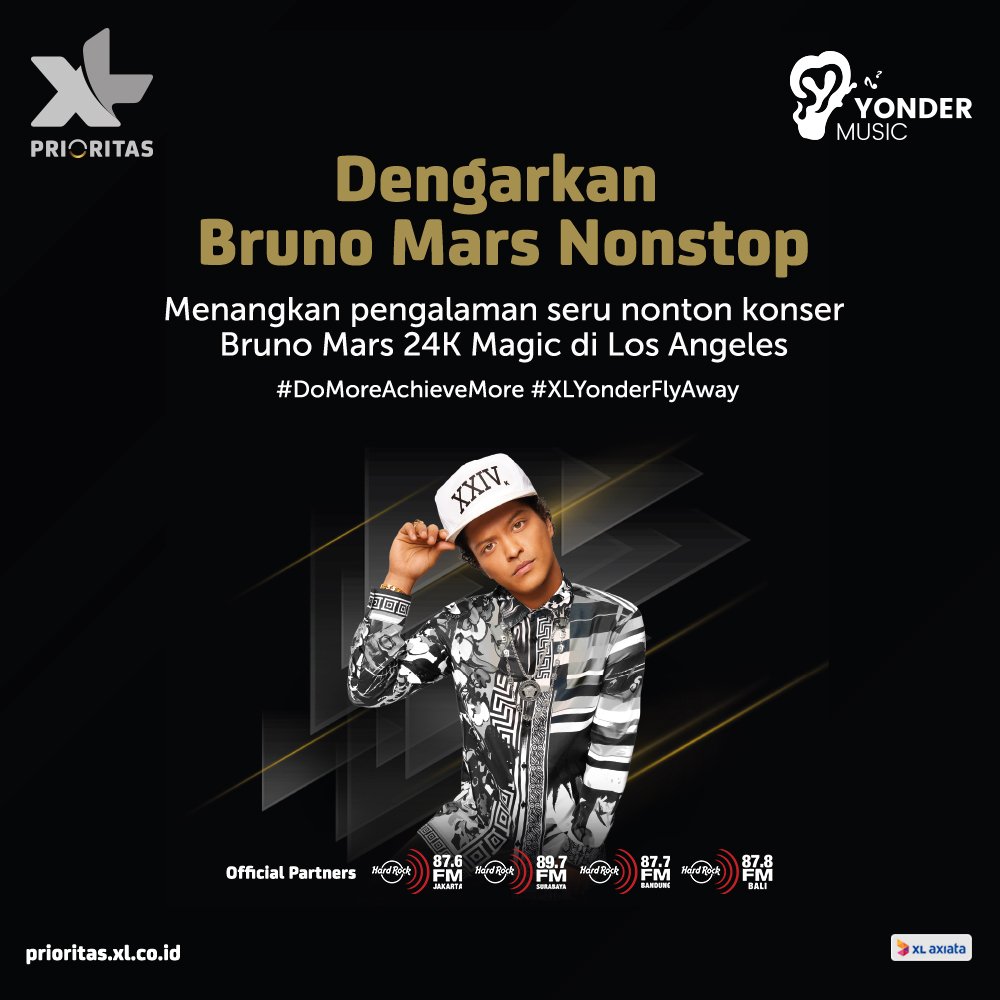 TRL_Jakarta's tweet image. Wih! @YonderMusicID siap nerbangin lo ke Los Angeles, Amerika, &amp;amp; nonton konser Bruno Mars GRATIS! Buruan, ikutan serunya #XLYonderFlyAway!