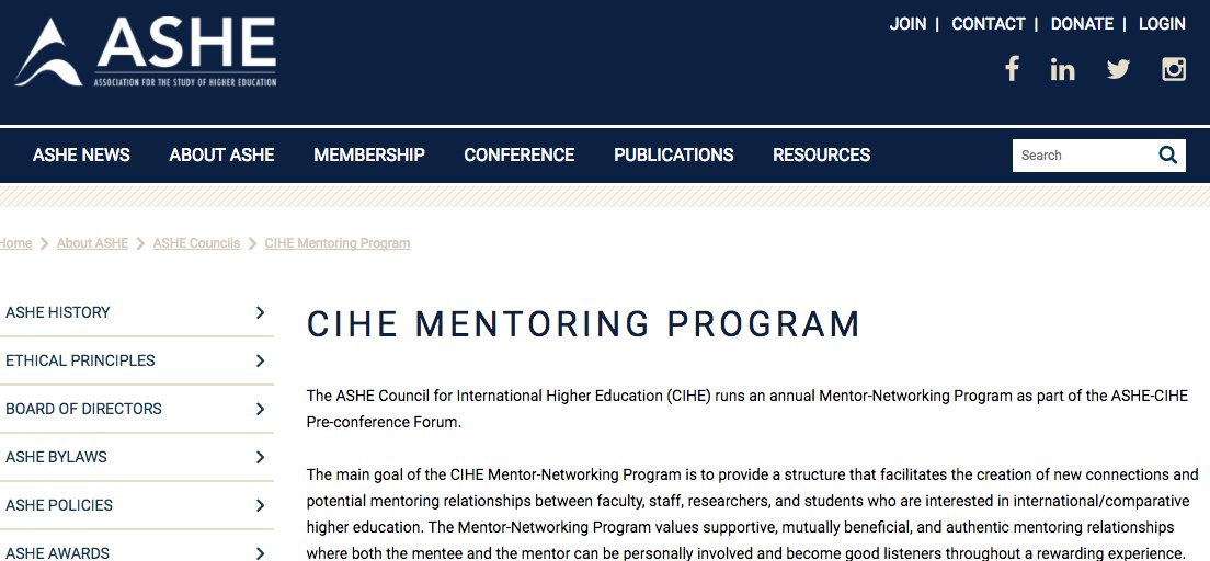 2017 Call for Applications for ASHE Council for Int'l Higher Ed ** Mentor-Networking Program ** goo.gl/utRrae Please SHARE!