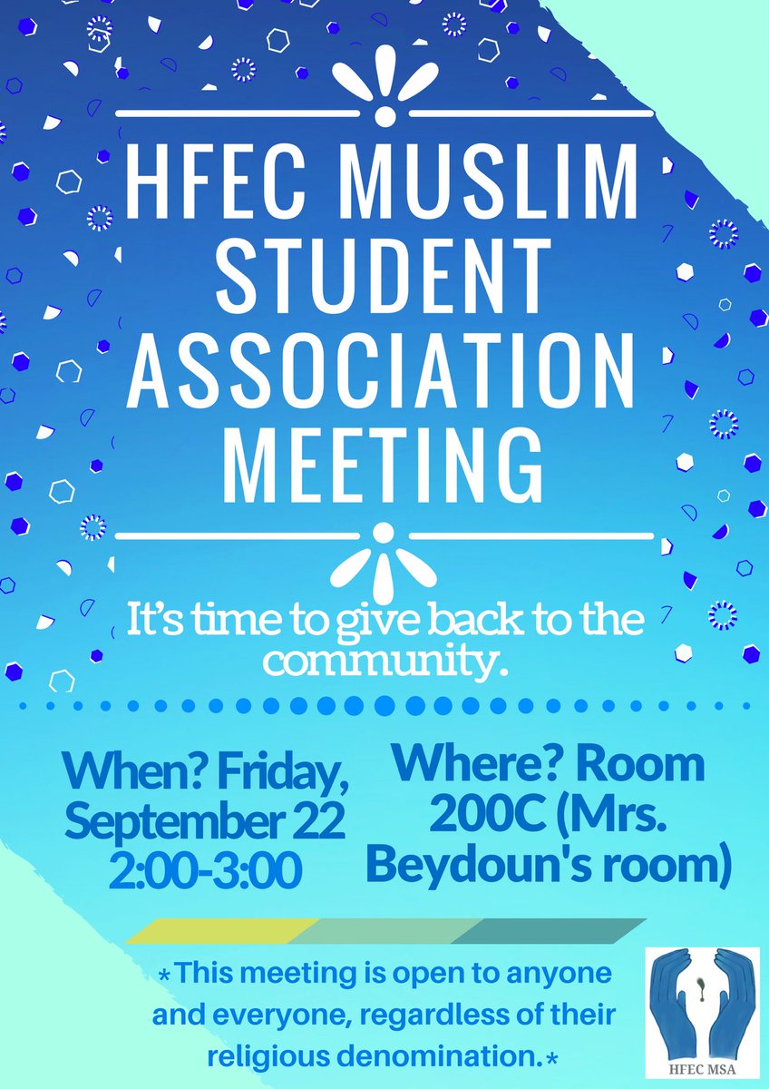 HfecMSA's tweet photo. Alsalam alaykum! The Muslim Student Association will be having our first meeting tomorrow at 2:00. Don't miss it! https://t.co/Zuc2hNFqGE