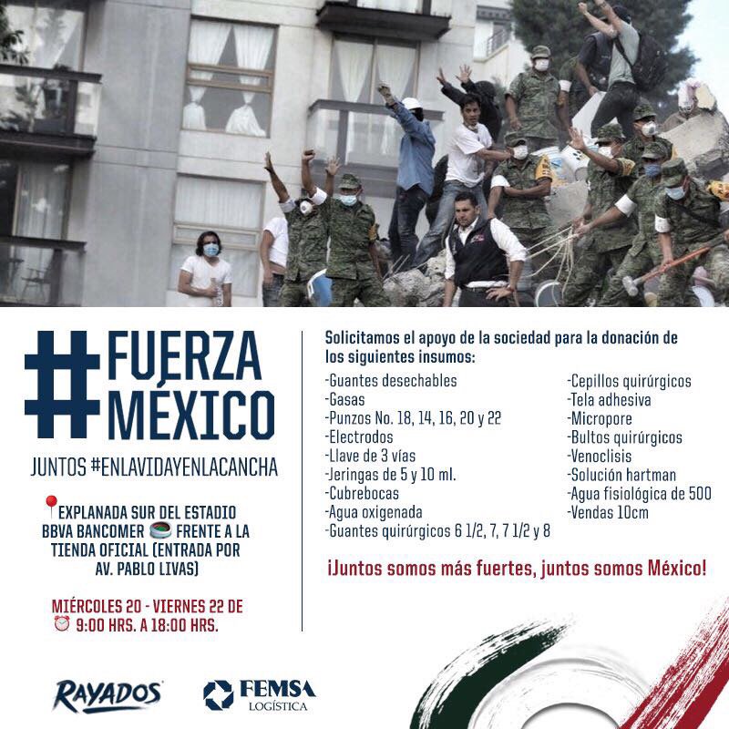 Ven mañana al estadio de <a href="/Rayados/">Rayados</a>, entre 9:00 y 18:00 hrs. y apoya con artículos de primeros auxilios y limpieza personal #FuerzaMéxico