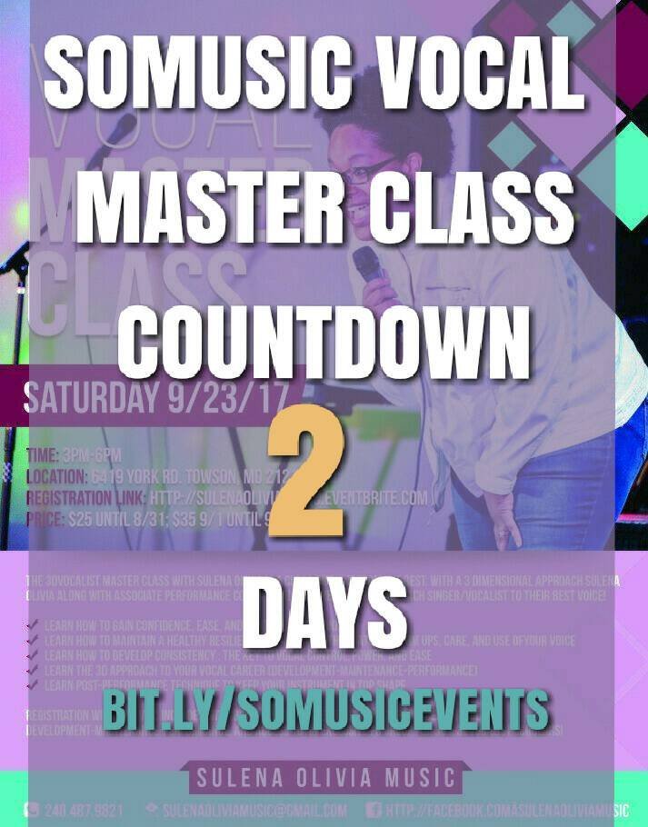 SulenaOlivia's tweet image. 2 days. Register now for this Sat Vocal Master Class in Towson, MD (Virtual option avail) bit.ly/SOMusicEvents  #VocalEdu #SingingLesson