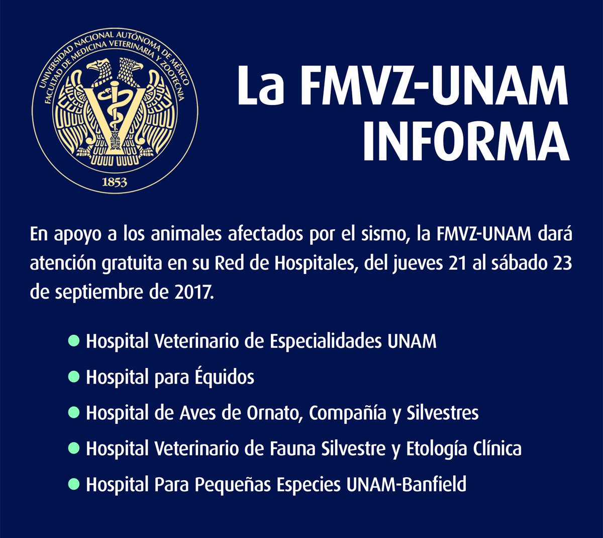 UNAM_MX's tweet image. Los hospitales veterinarios de la UNAM ofrecen atención gratuita a los animales afectados por el sismo.