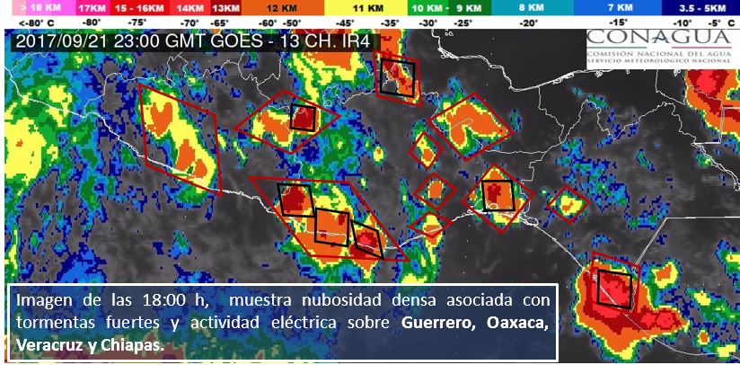 conagua_clima's tweet image. Imagen de satélite de las 18:00 h, muestra nubosidad densa asociada con #tormentas fuertes sobre #Guerrero #Oaxaca #Chiapas y #Veracruz