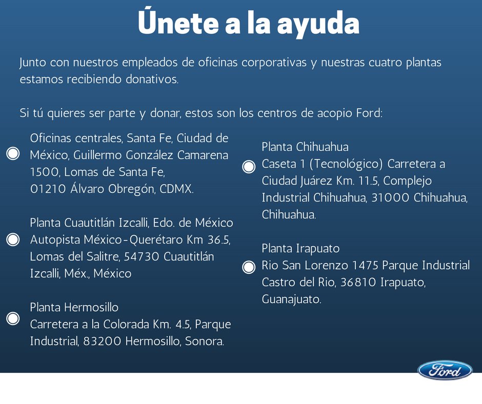 AutoexploraMX's tweet photo. #AyudaCDMX Todas las instalaciones de @FordMX están disponibles para recibir donativos, operando como centros de acopio. https://t.co/ZFLMjA5tg6