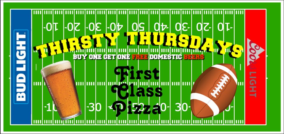 FirstClassP_FV's tweet image. On Thursday&apos;s, everyone&apos;s a winner at First Class Pizza FV 🍕🏈🍺