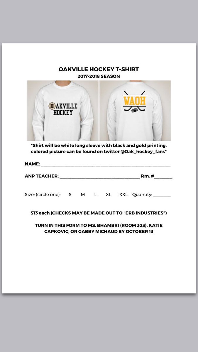 Oak_hockey_fans's tweet photo. The new WAOH shirt forms will be available starting Wednesday at the game! They will also be available in Bhambri's room 323! https://t.co/BkZQbF04Ix