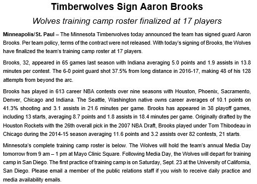Twolves_PR's tweet photo. #Twolves announce the team has signed guard Aaron Brooks. With the signing, the team has finalized its training camp roster at 17 players. https://t.co/Aw2zyzn9lj